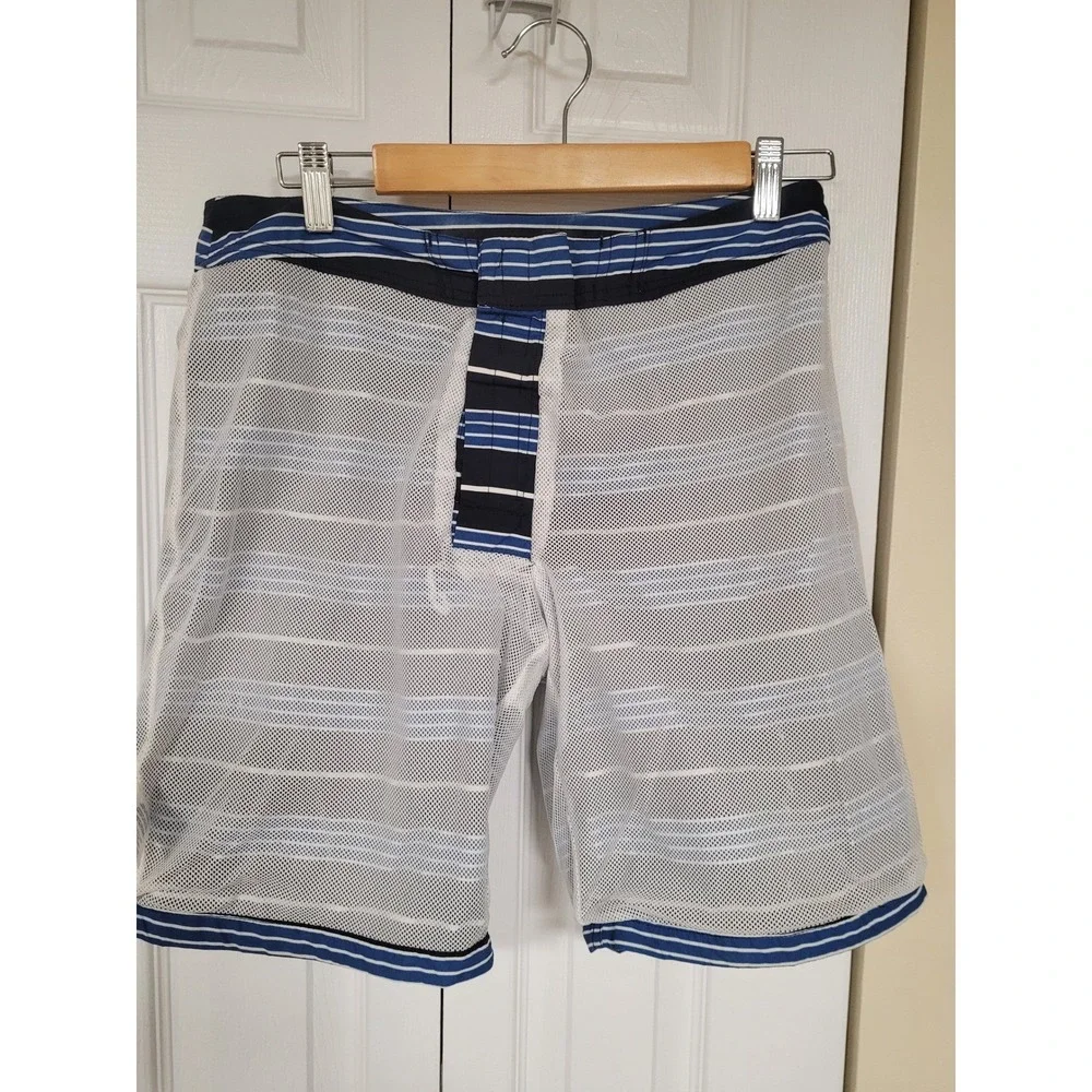 J CREW Mens Striped Long Board Shorts Swim Trunks Blue/White Mesh Lined Size‎ 31